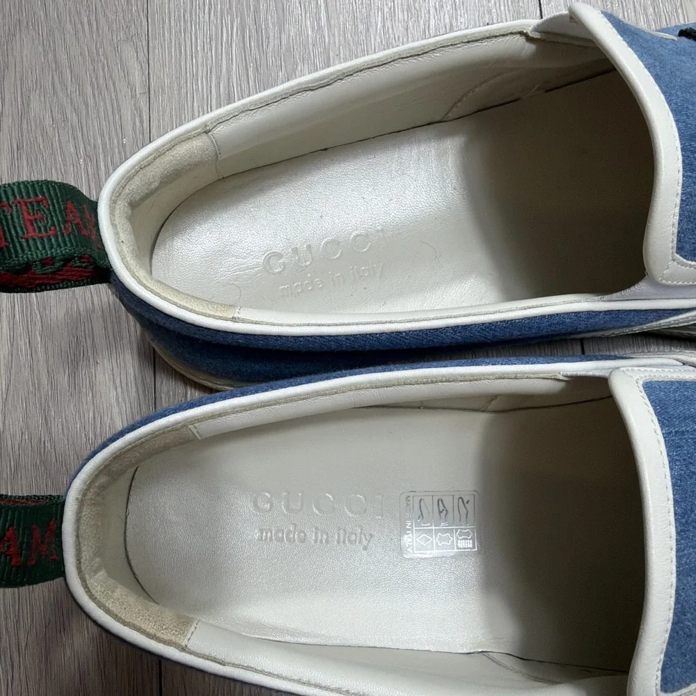 GUCCI Kura Slip On Shoes Chambray Denim Velour Logo Loafers Mens Size 10 Rare!